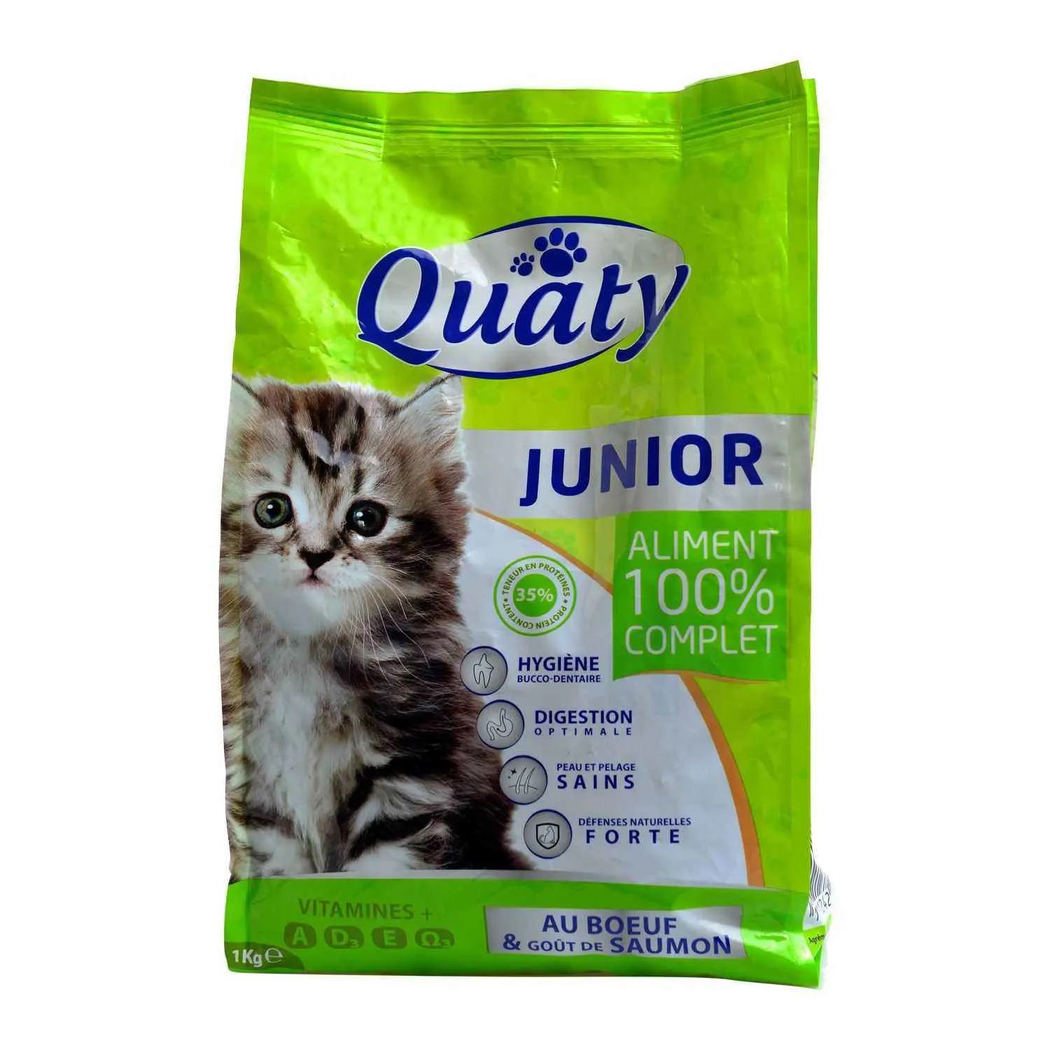 Croquettes au bœuf et goût de saumon pour chat junior 1Kg - QUATY 1